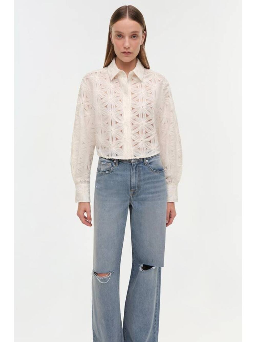 Simkhai Anders Soutache Floral Embroidered Shirt in Ivory L